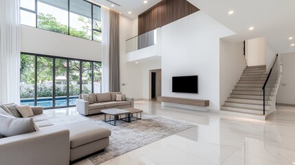 Modern open-plan living area with large windows, overlooking a pool.  Spacious, light-filled and stylish interior design