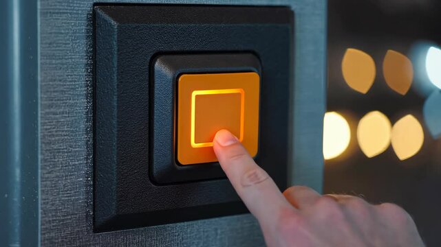 Person pressing an orange glowing call button on a textured wall with bright bokeh lights in the background during night