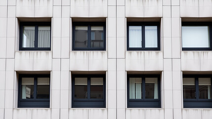 Fototapeta premium Concrete grid facade with symmetrical windows and soft neutral tones, creating a balanced urban rhythm under overcast light.