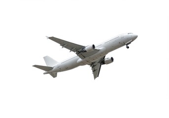 Obraz premium White passenger airplane ascending into the sky with visible engines and wings on a clear background