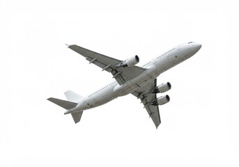 Obraz premium An airplane flying in the sky with a white background on a clear day with engines visible well lit