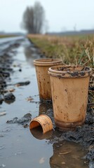Naklejka premium Littered cups sit in a muddy puddle near a rural road on a dreary, overcast day