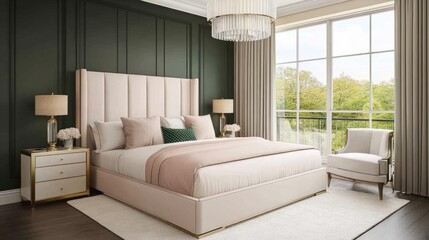 Fototapeta premium Luxurious, blush-toned bedroom with dark green accent walls.