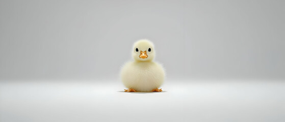 Close-Up Of A Fluffy Yellow Baby Chick With Orange Beak On Plain White Background In Studio Setting