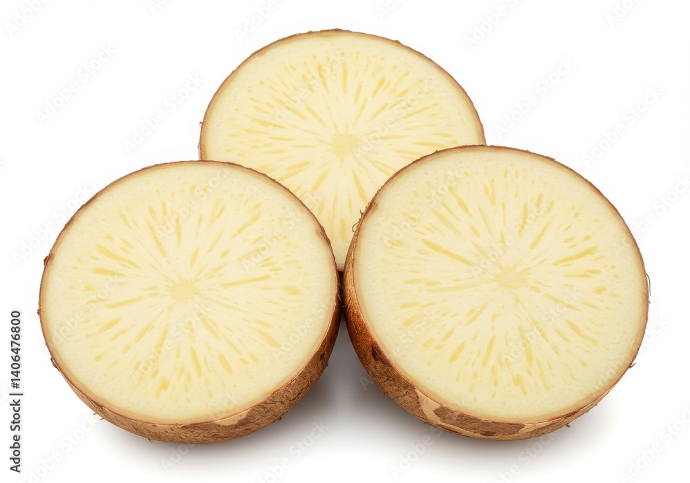 Poster three slices of raw yuca root arranged in a triangular formation on a plain white background surface