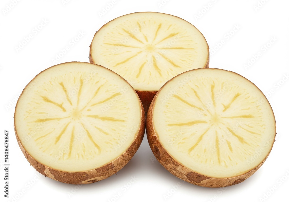 Poster three potato slices showing the inside texture and pattern on a white background surface close up vi