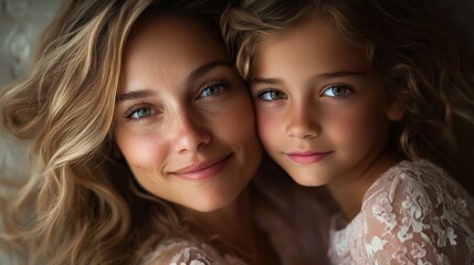 Obraz premium A heartwarming portrait of a mother and daughter, showcasing their joyful expressions and close bond, with soft lighting enhancing the intimate moment.
