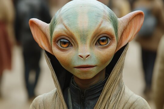 Alien humanoid with green skin, large eyes, and ears in a crowd of people - Powered by Adobe