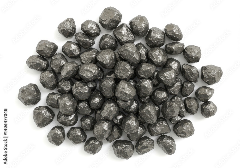 Poster a pile of dark metallic rocks scattered on a white surface in a studio setting close up view