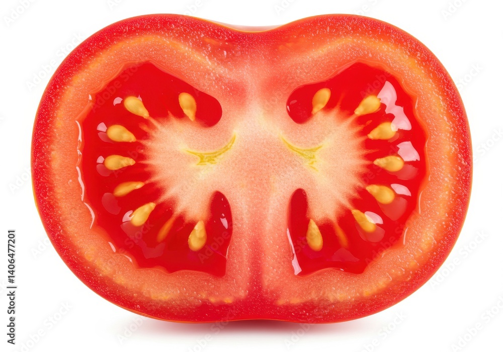 Poster a cross section of a ripe red tomato with seeds visible on a white background in a studio shot