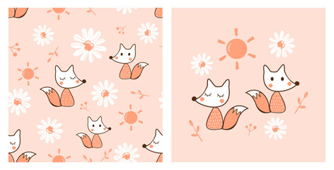Seamless pattern with fox cartoons, daisy flower, sun and branch on orange background vector.