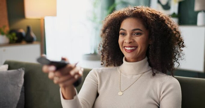 Relax, smile and watching tv with woman on sofa in living room of home for weekend streaming. Movie, remote and subscription with happy person in lounge of apartment for entertainment or television
