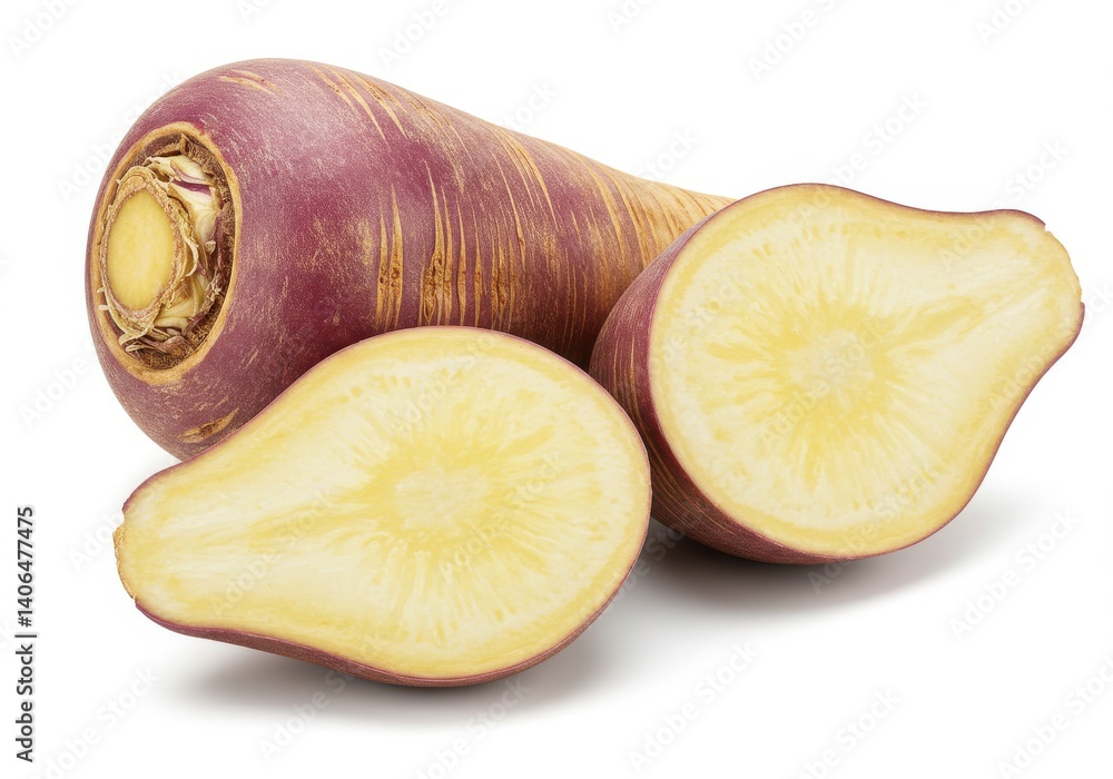 Poster a close up of a rutabaga with one whole and two halves on a white background studio shot view