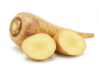 Close up of a whole parsnip and two parsnip halves on a white background in bright studio lighting