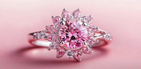 Elegant Pink Gemstone Ring with Diamond Accents on Pink Background