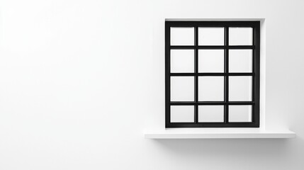 Minimalist black window frame on a white wall with a clean shelf in a bright interior setting
