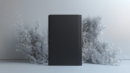 Minimalist black notebook resting in front of soft white foliage in a serene indoor environment during daylight