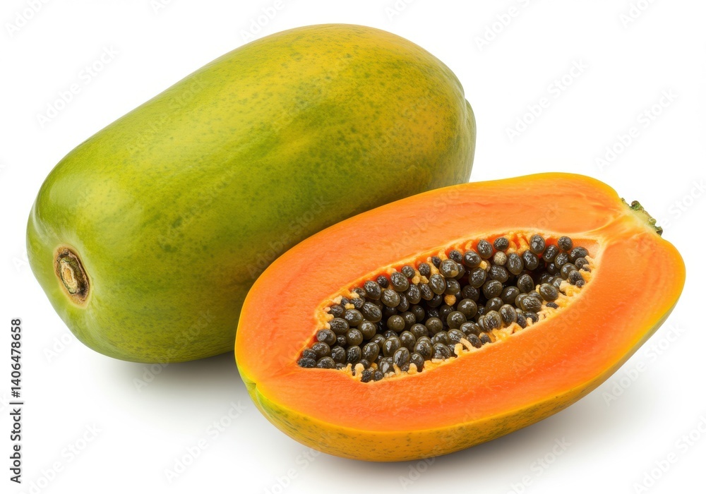 Poster a whole papaya and a half papaya with seeds on a white background in a studio setting view close up