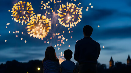 Family Silhouette Watching Golden Fireworks Display In The Evening Sky With City Lights