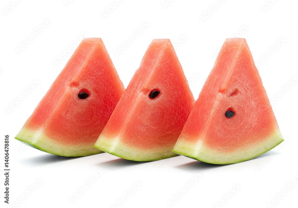 Poster Three watermelon slices arranged in a row on a white background showing seeds and rind detail clearly