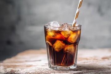 A refreshing glass of cola with ice cubes and a striped straw on a weathered wooden surface against gray