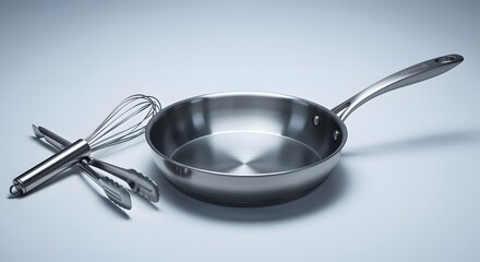 Sleek Stainless Steel Frying Pan with Whisk and Tongs. Modern Kitchen Still Life