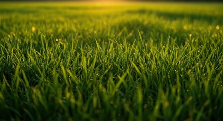 Fototapeta premium Fresh green grass field at dawn. Natural lawn background for environmental protection message, springtime season greeting card and earth day template