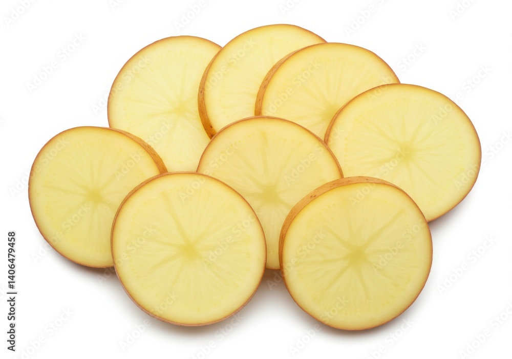 Poster a group of potato slices arranged closely together on a white surface in a studio setting view top