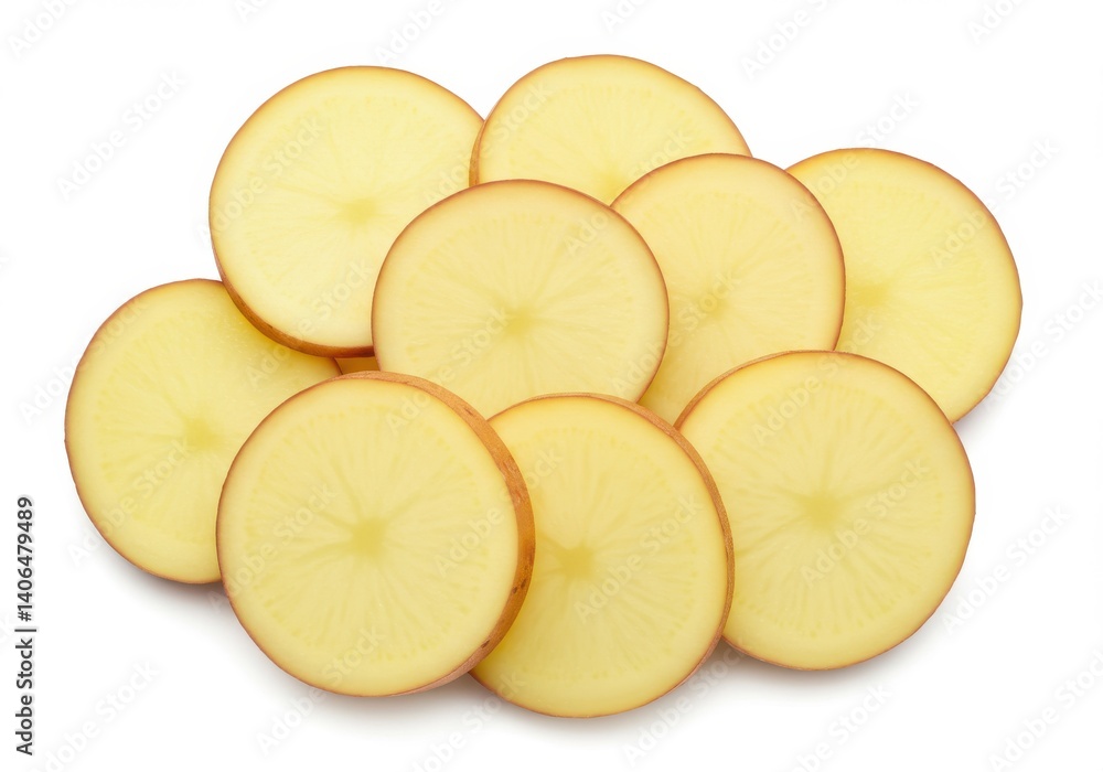 Poster a top view of a group of potato slices arranged neatly on a white background in a studio setting