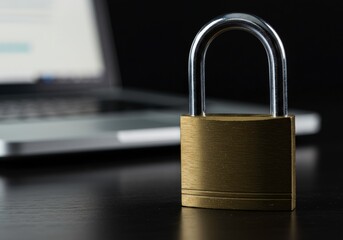Padlock protecting laptop for network privacy, information security, digital data encryption for prevention of cybercrime and unauthorized access, web safety concept