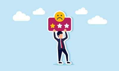 Businessman holding up a board with a sad emoticon and one star, illustration of customer dissatisfaction with business performance