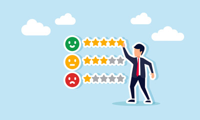 Businessman placing a star to complete five stars on a satisfaction level list, illustration of business performance satisfaction rating