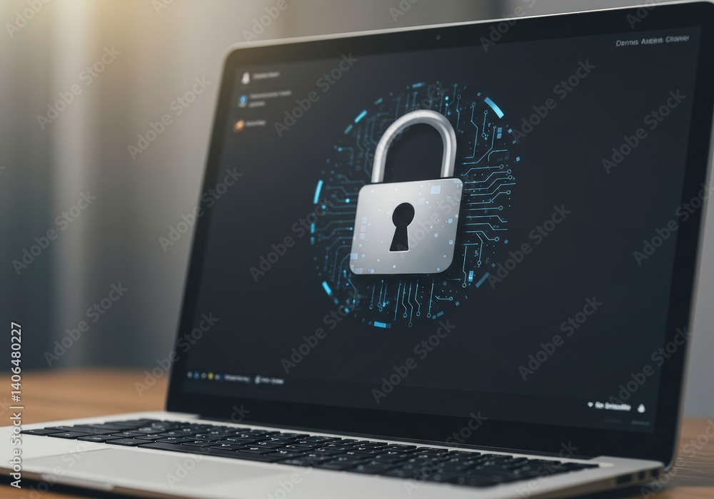Poster cybersecurity data protection on laptop screen. digital privacy technology with padlock on desktop. 