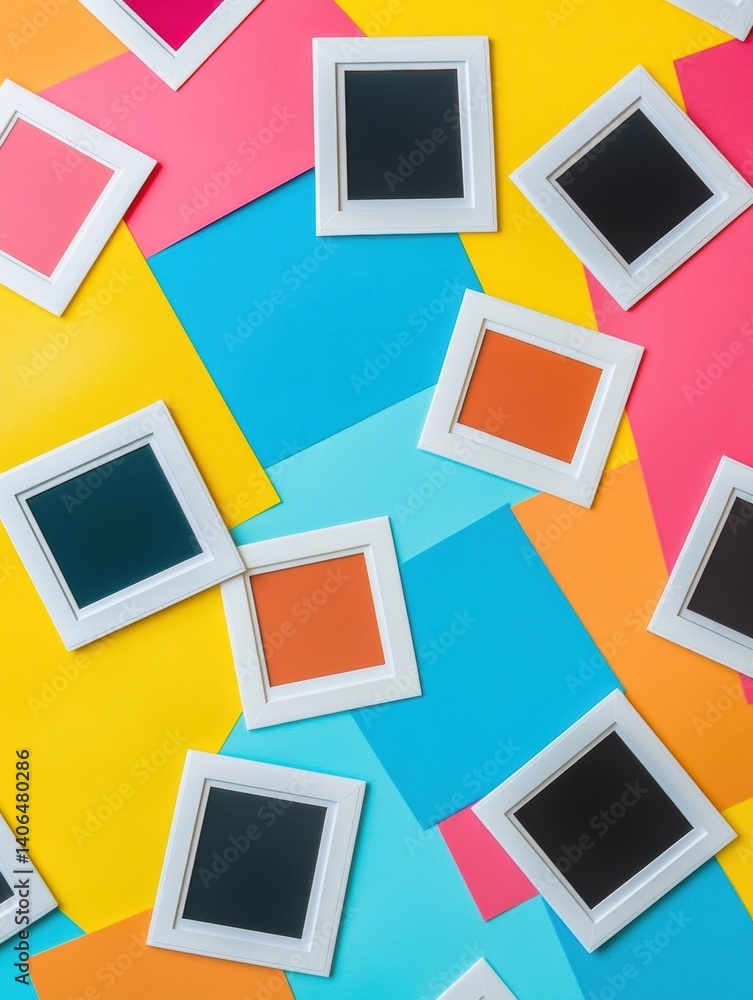 Poster colorful flat surface displays scattered white polaroid frames ready for creative memories or artist