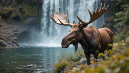 Majestic Bull Moose by Cascading Waterfall