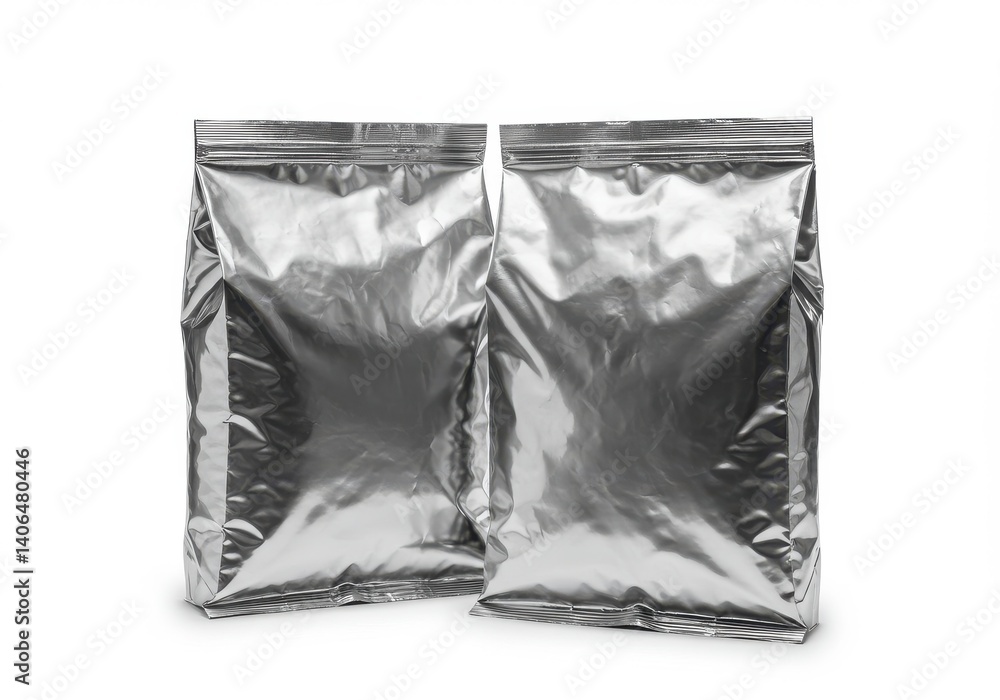 Poster two silver foil pouches standing upright on a white surface in a studio setting for product display