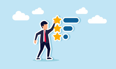 Businessman placing a star to complete a row of stars, illustration of business performance evaluation