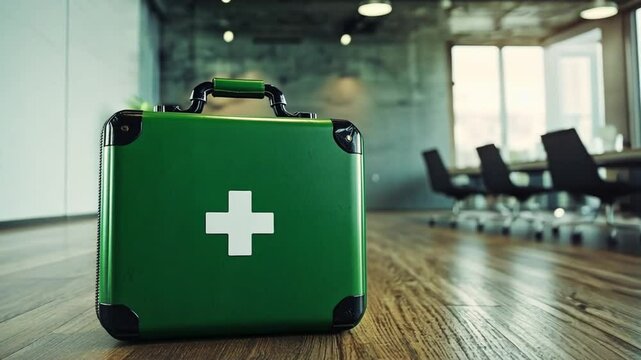 Green first aid kit positioned on wooden floor in office