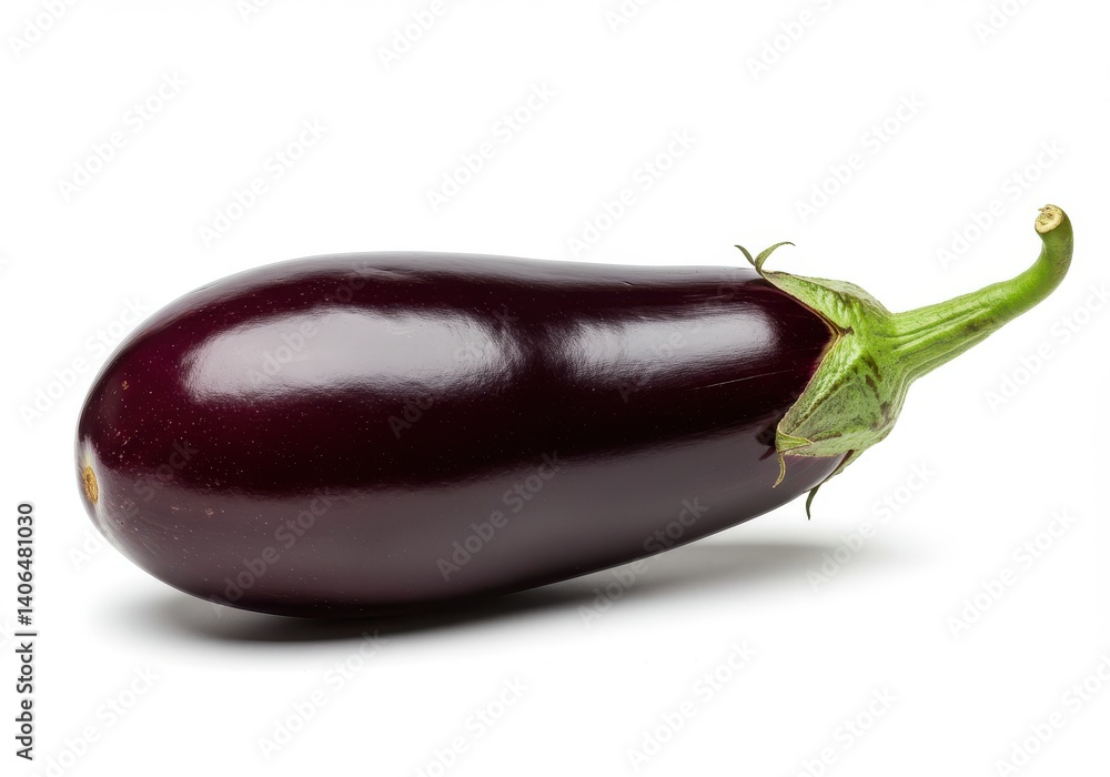 Aufkleber a single eggplant with a green stem lying horizontally on a white surface in a studio setting