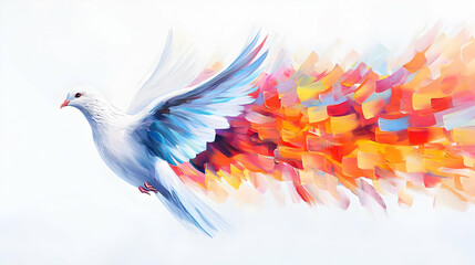 Fototapeta premium A White Dove Soaring with Vibrant Colorful Abstract Wings in Motion