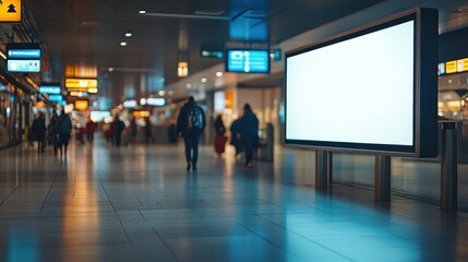 Fototapeta premium A bustling indoor space with people walking, illuminated by signs and a blank advertising screen.