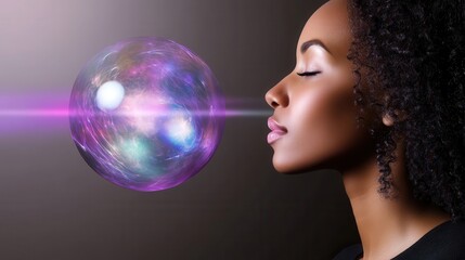 A woman meditates, drawing in cosmic energy.