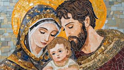 Obraz premium Vibrant mosaic artwork captures the Holy Family embracing each other with warmth and tenderness Generative AI