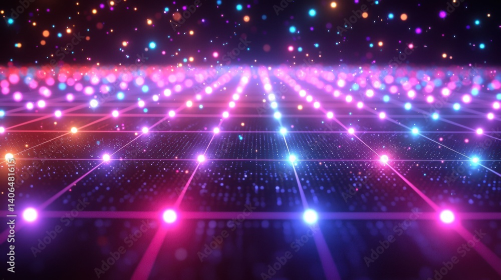 Poster a vibrant digital landscape filled with colorful lights, creating a mesmerizing grid pattern that ev