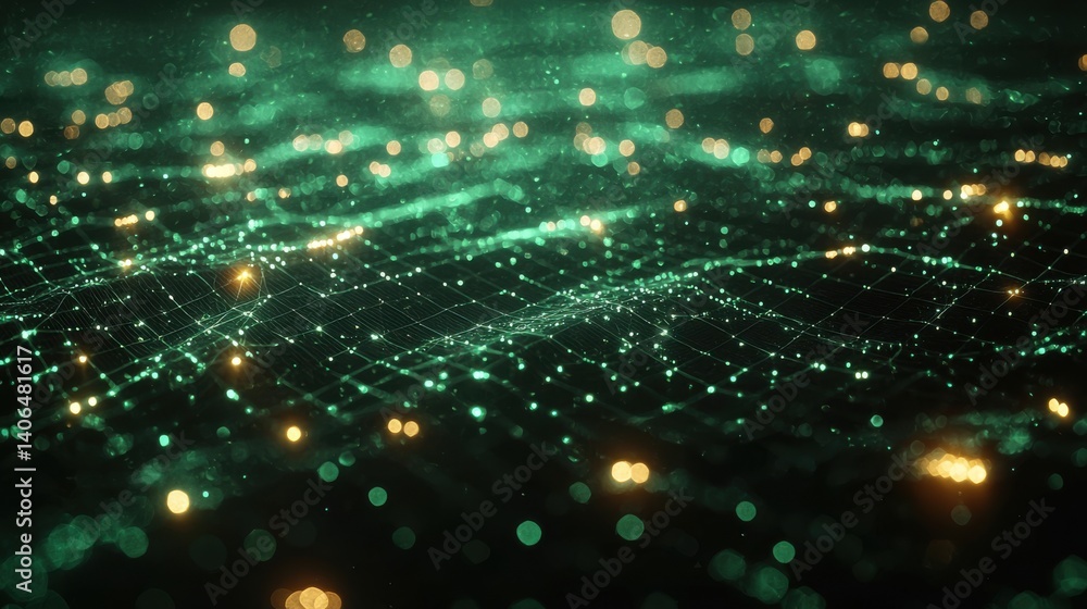 Poster a mesmerizing abstract image featuring shimmering green lights and a flowing grid pattern, creating 