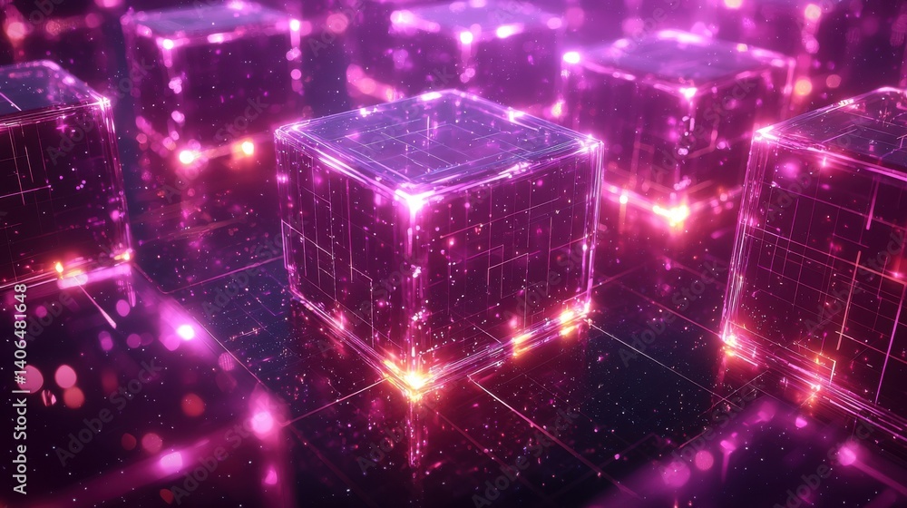 Poster a vibrant digital landscape featuring glowing cubes, interconnected by luminous lines, creating a fu