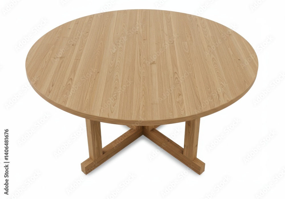 Poster a top down view of a round wooden table with a cross legged base on a white background in a studio