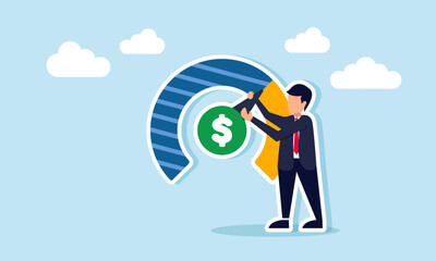 Businessman trying to move the needle of a dollar-marked indicator, illustration of good business financial performance