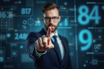 business man push and point forefinger and show hand up while standing with digital service data center server background for modern technology infographic hud overlay concept