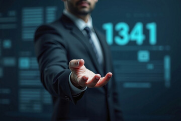 business man push and point forefinger and show hand up while standing with digital service data center server background for modern technology infographic hud overlay concept